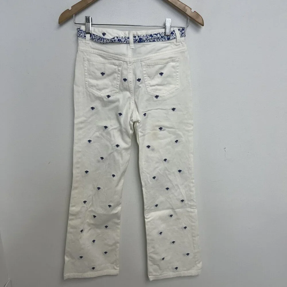 Ralph Lauren Nautical Girls White Pants Belted Blue Embroidery Boot Leg Sz 12